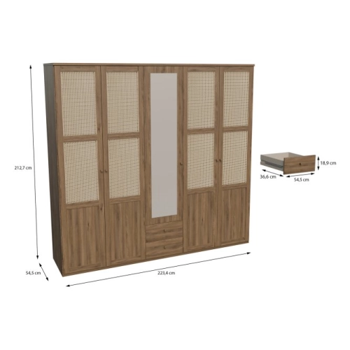 Szafa z lustrem i szufladami 220 cm Dąb Valencia/Rattan naturalny